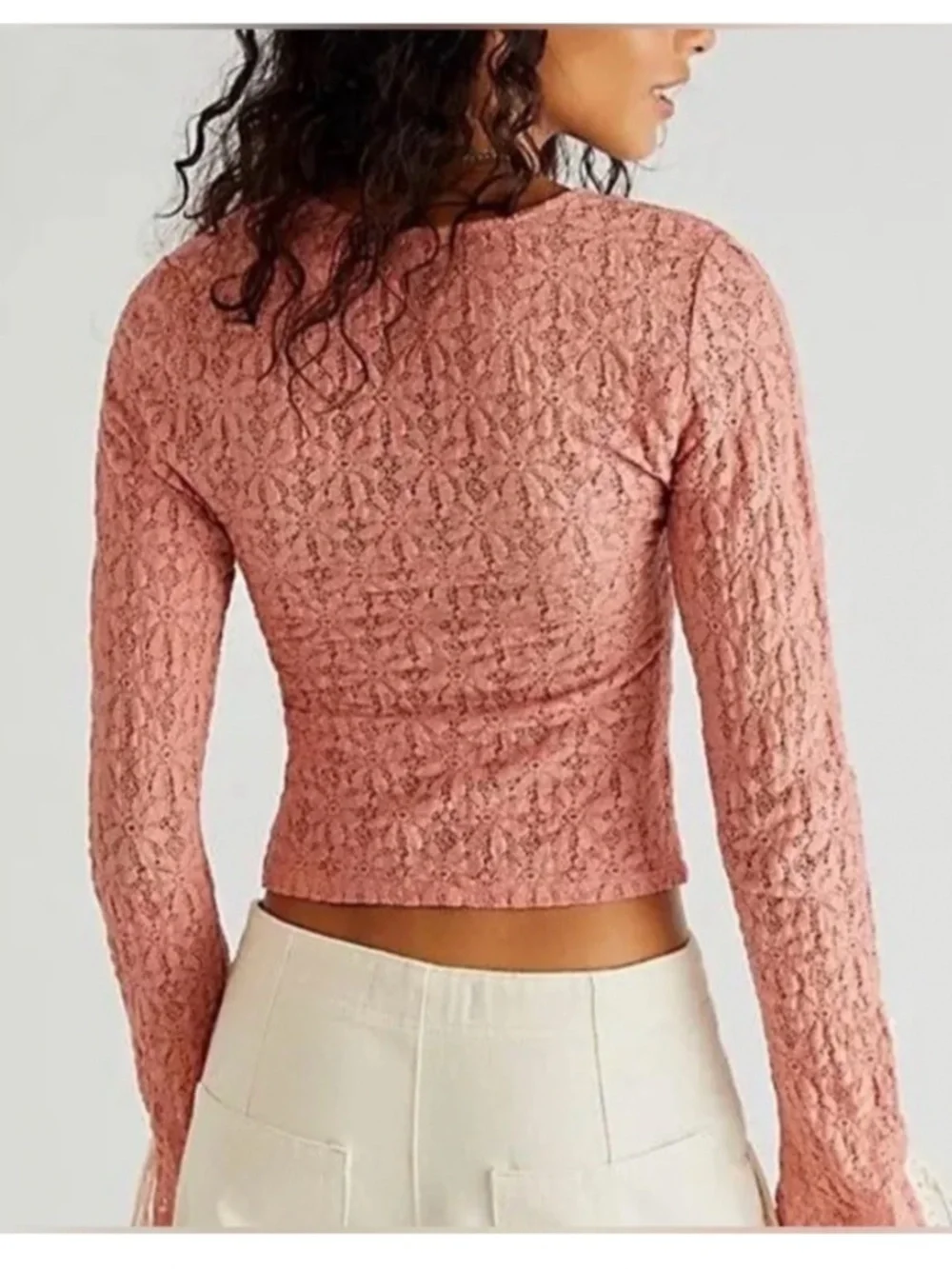 Free People Lilah Lace Crochet Tie Scrunch Long Sleeve Top - Pink Size Large